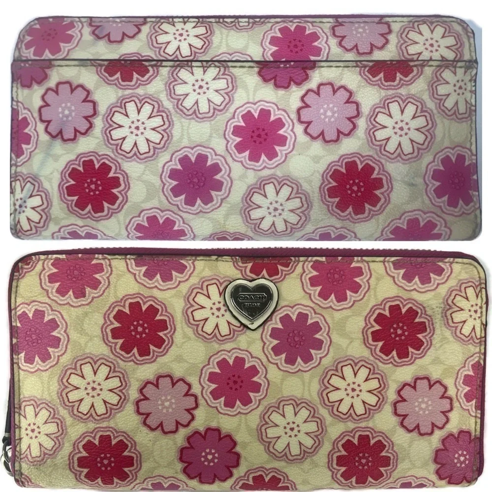 COACH FLORAL PRINT ACCORDION ZIP WALLET F50672 White and Pink Vintage Y2K - Picture 3 of 9